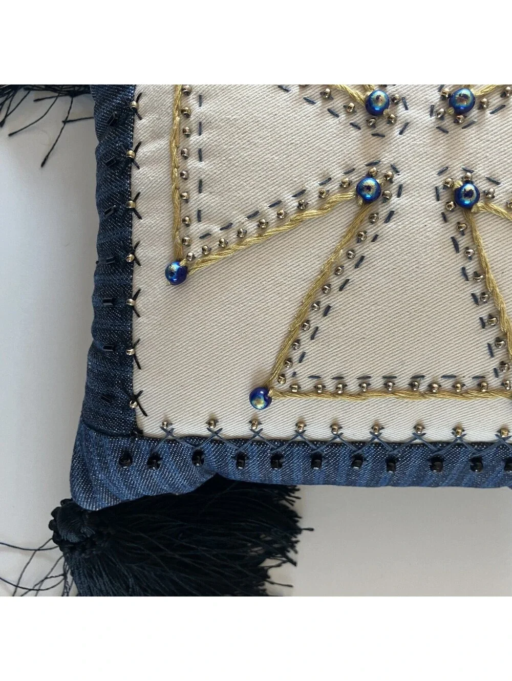 90s Y2K Mini Accent Throw Pillow Cross Appliqué Embroidery Bead Bling Tassles 8